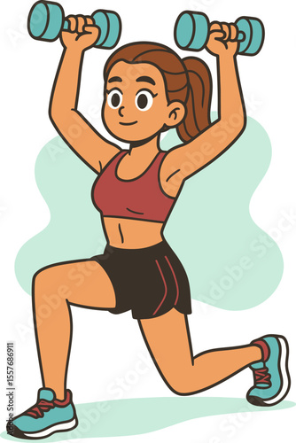 Fitness woman workout vector. Female training with dumbbells. Exercise, strength, and healthy lifestyle concept.