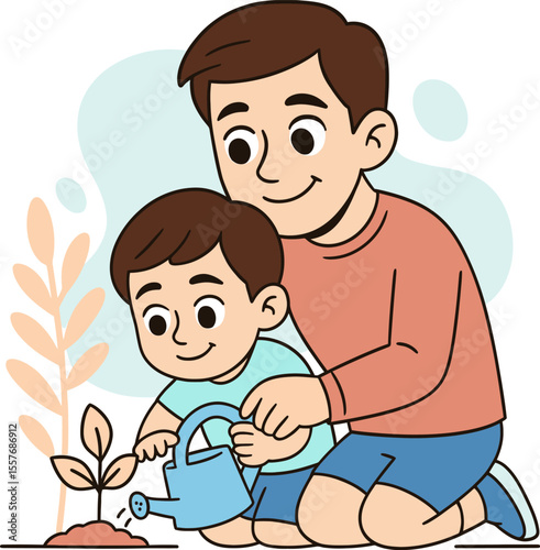 Flat vector of father and son gardening together. Concept of family, care, and ecological education
