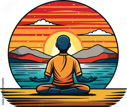 Vector art of a serene monk meditates by the ocean at sunset, mountains in the background, isolated on white background