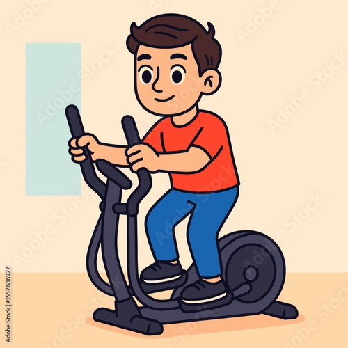 Cartoon illustration of a man on an elliptical trainer. Fitness, workout, and healthy lifestyle concept