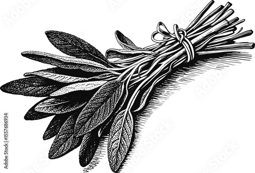 Handcrafted Sage vintage linework ink sketch hand drawn pen drawing cooking herbs vector illustration background
