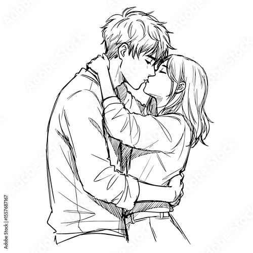 Romantic couple embracing and kissing. Young man and woman share tender moment, close-up sketch. Passionate love illustrated for World Kiss Day celebration,