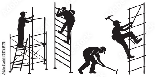 Construction Workers Silhouettes: Scaffolding, Ladders, and Tools in Action