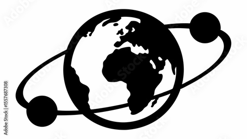 Illustration of a black and white globe with two orbiting satellites in a simple graphic style