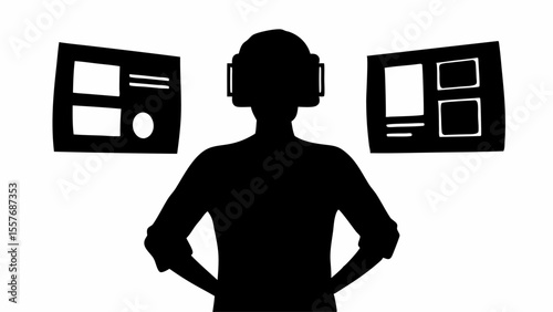 Silhouette of person wearing vr headset with hands on hips and screen displays on either side displayed