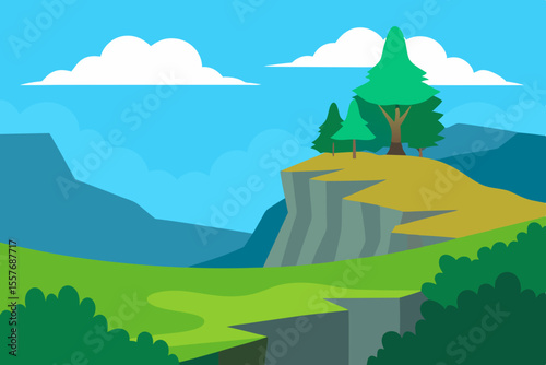 Flat design landscape with green hills cliffs trees and clouds