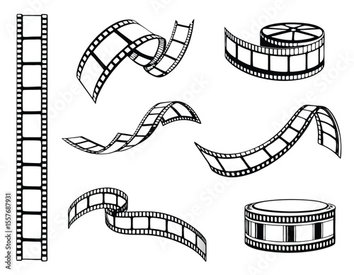 Black and White Film Reel Strips in Various Positions Isolated on White Background Movie Cinema