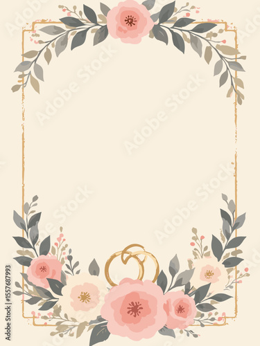 Elegant wedding celebration poster with interlocking gold rings and soft floral elements, in blush pink, gold, ivory, and dove gray