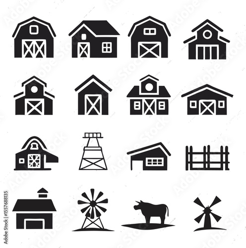 Black and White Farm Barn Icons Set Rural Agriculture Symbols Collection Barns Farms Buildings