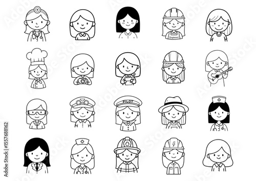 Collection of black and white cartoon icons of young girls in various professions and occupations