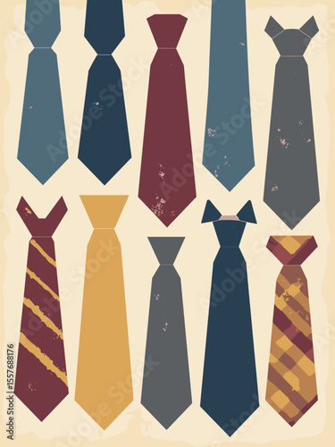 Retro-modern Father's Day poster with a geometric pattern of neckties and glasses, in navy blue, burgundy, mustard yellow, and gray