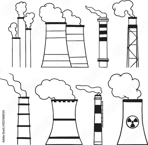 Set of black and white cartoon illustrations of various factory chimneys and smoke stacks, some emitting clouds of pollution. This collection is ideal for themes related to industry, environmental.