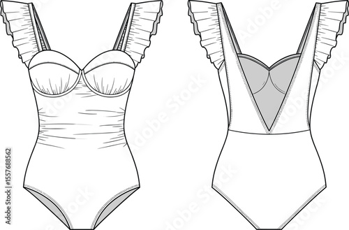 One piece ruffle strap women’s swimsuit technical fashion flat sketch, front and back cad drawing vector illustration, detailed swimwear design