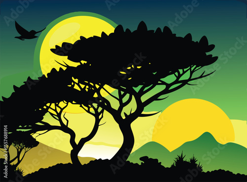 Silhouette African Savanna Sunset Landscape Yellow Sun Black Trees Bird Flying vector
