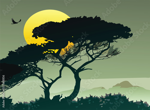 Silhouette of Two Dark Green Trees Against a Yellow Sun and Green Landscape vector
