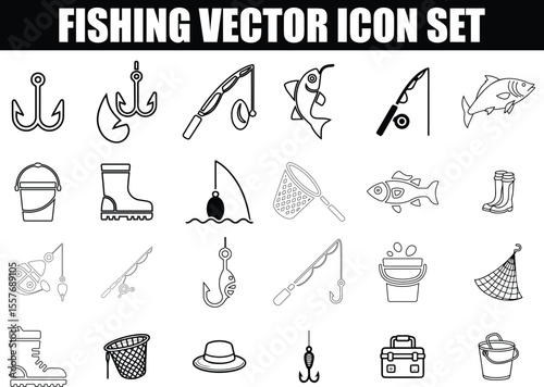 Fishing Vector Icon Set vector art and illustration Fish, hook, bait, rod, tackle, fishing net, boots, bucket, catch, fisherman gear, outdoor activity, angling equipment icons