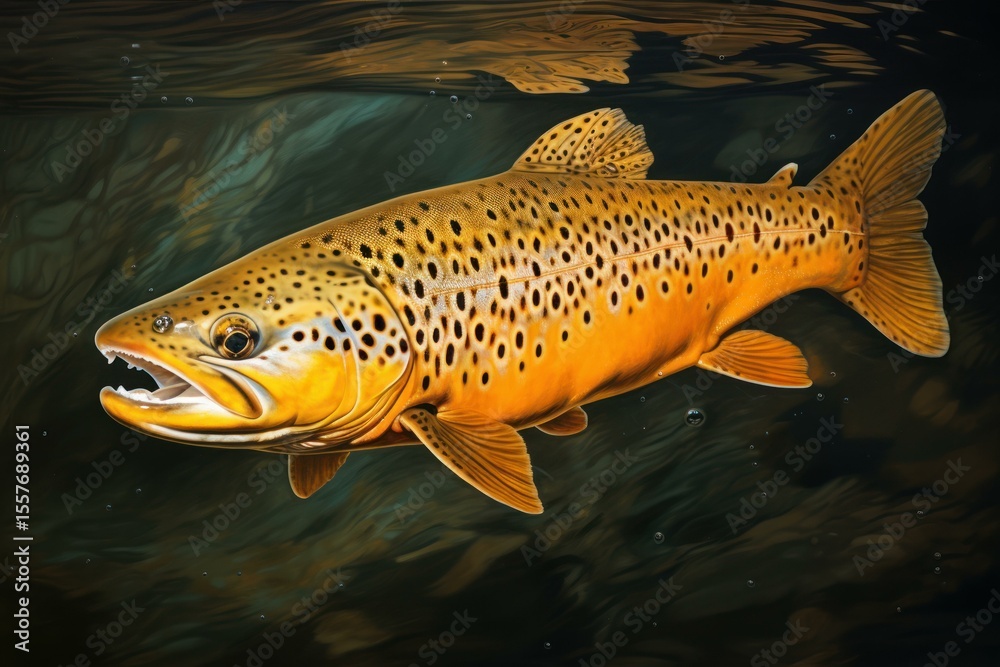 Naklejka premium Large brown trout swimming underwater with open mouth and visible teeth