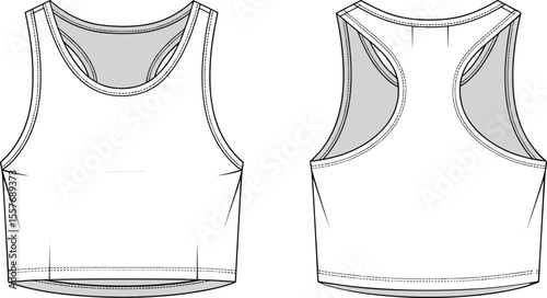 Front and Back View of Tank Top Pattern Design with Detailed Sewing Lines and Measurements for Fashion Designers