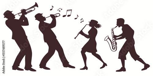 Silhouette Jazz Band Playing Instruments with Musical Notes