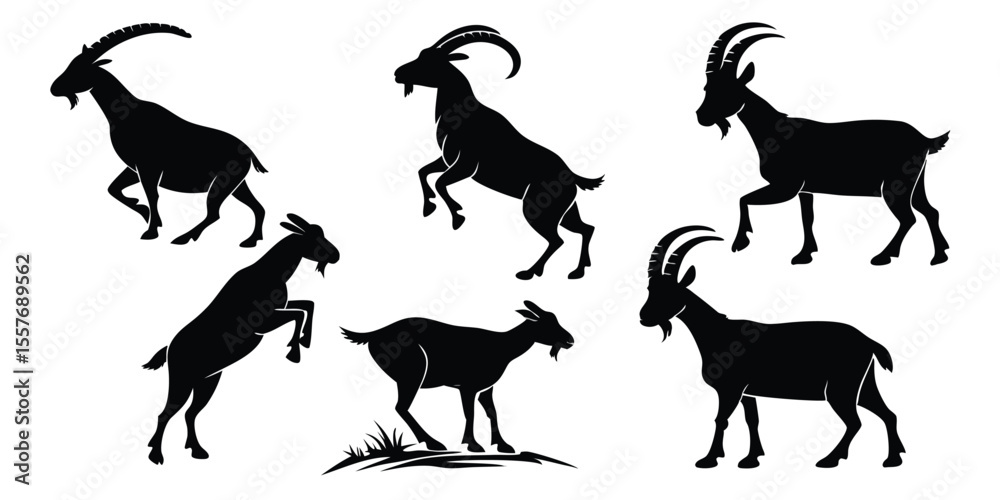 Obraz premium Silhouette Goats in Various Poses, Black and White Vector Illustration