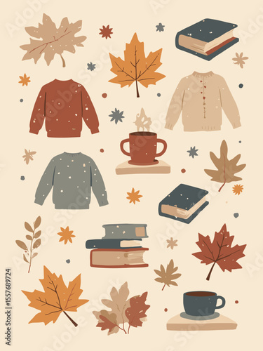 Flat vector poster with a cozy autumn theme, featuring minimalist icons of sweaters, mugs, and books, in warm beige, rust, and slate gray
