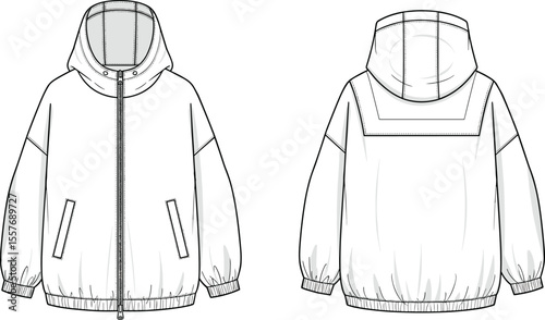 Hooded zip-up jacket flat sketch front and back view, fashion technical CAD template, vector garment drawing for outerwear design