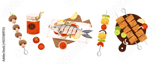 Barbecue with grilled fish and meat with vegetables and skewers. Grilled BBQ food, herbs and sauces. Picnic food, outdoor cooking, and summer gatherings. Flat vector illustration.