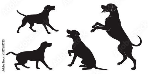 Black Dog Silhouettes in Various Poses, Vector Illustration, Animals