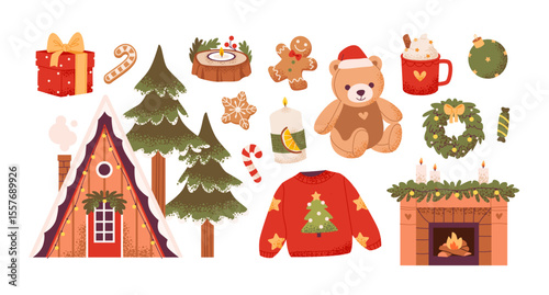 Christmas set. Cozy flat vector illustration with Christmas gifts, gingerbread cookies, and a festive fireplace. Warm winter holiday elements.