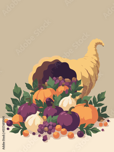 Modern Thanksgiving poster with a clean illustration of a cornucopia overflowing with geometric fruits, in gold, plum, green, and cream