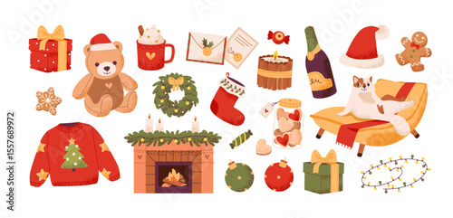 Christmas with cozy Xmas decor, gifts, gingerbread cookies and fireplace. Festive flat vector illustration. A warm holiday set with seasonal treats and nostalgic charm.