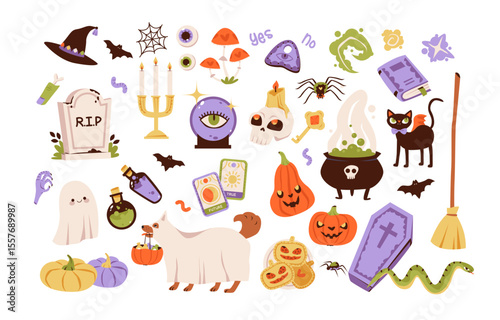 Cute kids Halloween set. Flat vector illustration of spooky Halloween characters and objects. Witch, ghost, pumpkin, and other festive icons for seasonal fun.