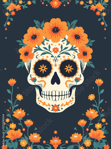 Minimalist Day of the Dead poster with a single, elegant calavera (sugar skull) decorated with floral line art, in black, white, and marigold orange