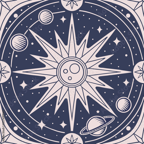 create a mandala using patterns that represent round shape inside sun design and star with earth drawing illustration vector .  