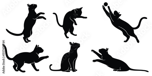 Black Cat Silhouettes in Various Poses, Playful and Dynamic Design