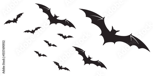 Black Bat Silhouette Swarm Flying Halloween Decoration Vector Art