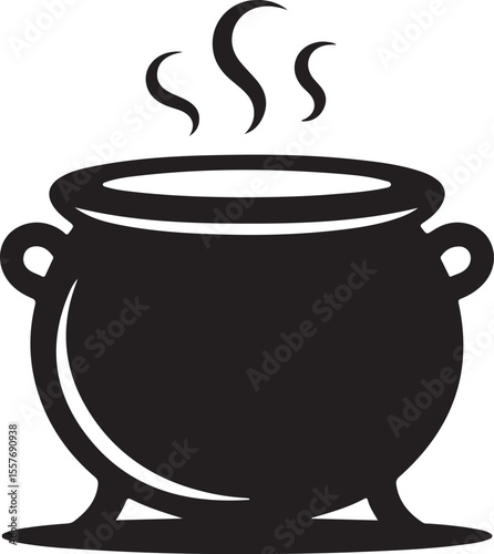 Black Halloween witch cauldron silhouette vector, witch black cauldron with boiling magic potion isolated on white background