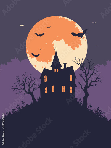 Minimalist Halloween poster with a stark silhouette of a haunted house on a hill, in charcoal gray, pumpkin orange, moon white, and deep violet