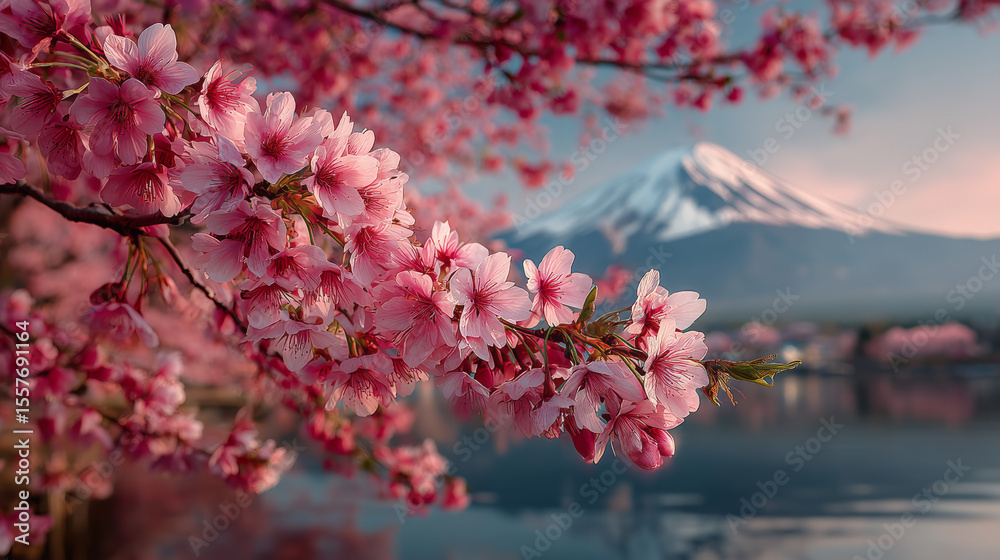 Fototapeta premium Pink Blossoms and Majestic Mountain at Sunrise