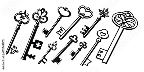 Vintage Keys Vector Illustration, Black and White, Antique Design