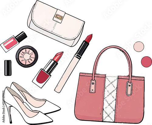 Makeup accessories and beauty set with brushes lipstick and eyeshadow