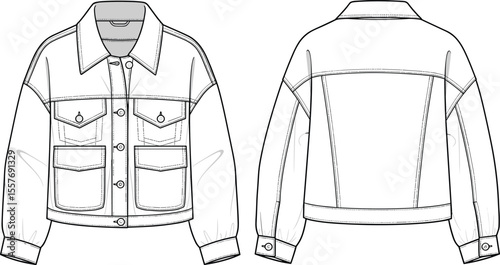 Front and back view of utility jacket flat sketch with flap pockets and collar, CAD fashion technical vector drawing illustration