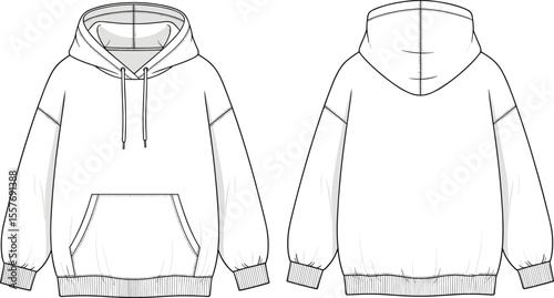 Unisex oversized hoodie flat sketch front and back view, kangaroo pocket, drawstring hood, technical fashion CAD drawing vector illustration