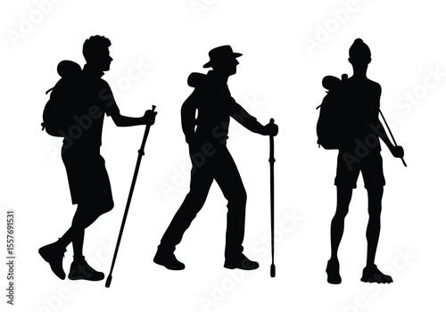 Silhouette Illustration of Hikers with Backpacks and Trekking Poles