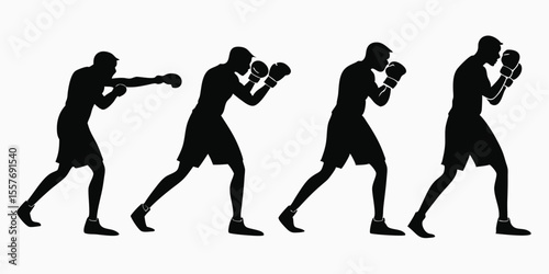 Silhouette Boxing Sequence: Fighter Throwing Punches, Black and White