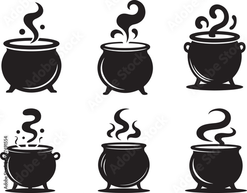 Set of black silhouettes of Halloween witch cauldrons, witches black cauldron with boiling magic potion isolated on white background