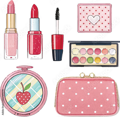 A glamorous set of pink and red makeup, lipsticks, and cosmetic brushes for ultimate beauty care