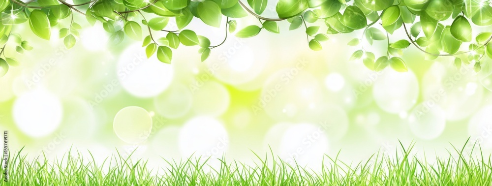 Vibrant Green Spring Leaves and Grass Background Vibrant Green Spring Leaves and Grass Background