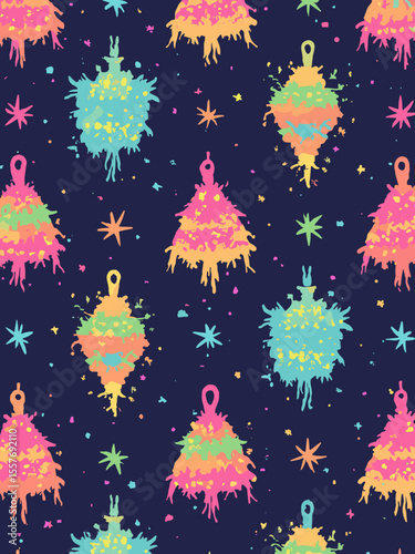Vibrant Cinco de Mayo poster with a pattern of minimalist piñata shapes, in hot pink, lime green, bright orange, and electric blue