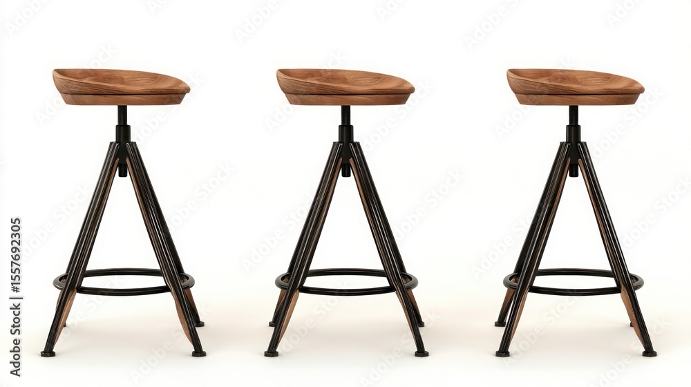 Bar stools with wooden base and black metal stands, isolated Bar stools with wooden base and black metal stands, isolated